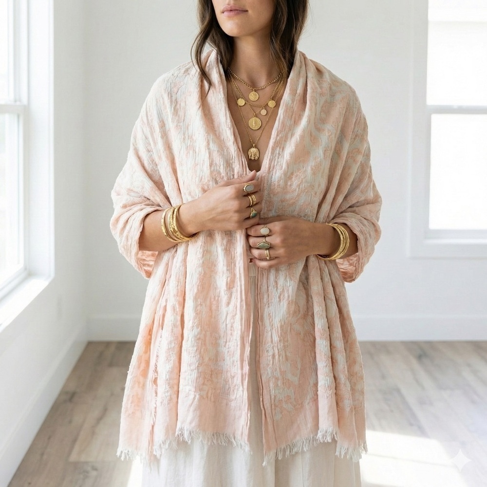 Zara Premium Pale Pink Textured Floral Jacquard Fringe Wrap Scarf